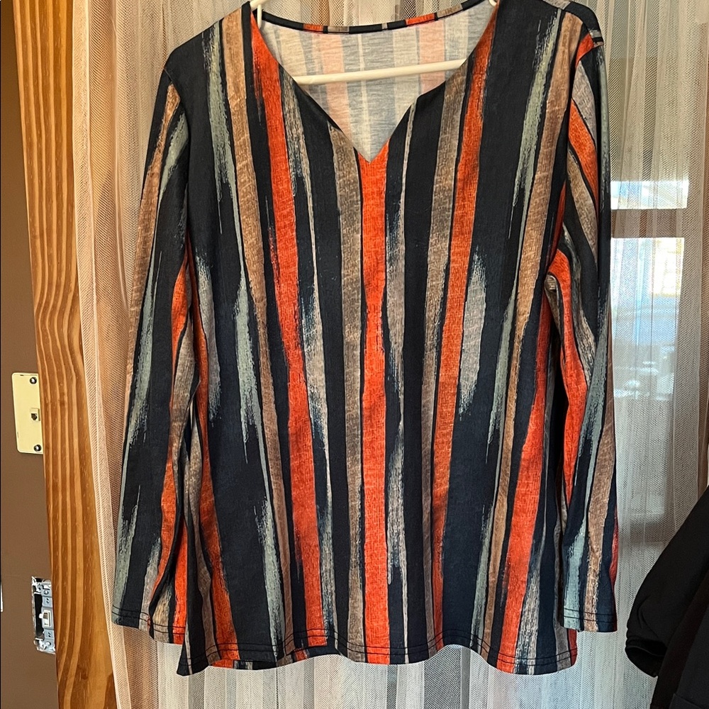 Striped V-Neck Women's Top - Black, Orange, Tan